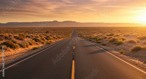 Open asphalt road leading towards the horizon at sunset with vast desert landscape and clear sky