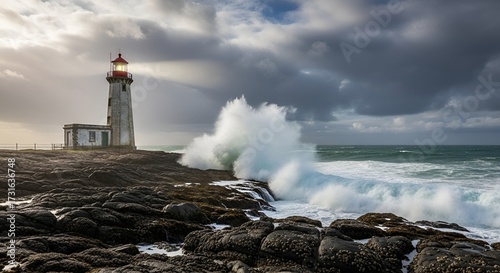 A view of the same lighthouse, emphasizing the force of the massive waves that break and foam white on both sides of the structure.