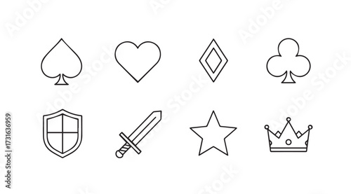 Collection of outline icons representing card suits shield sword star and crown silhouette