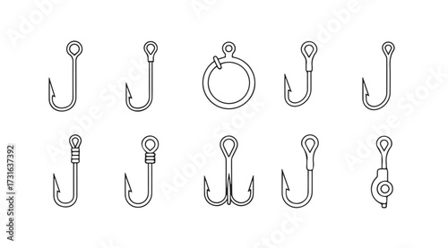 Collection of various fishing hooks and lures in a clean silhouette style