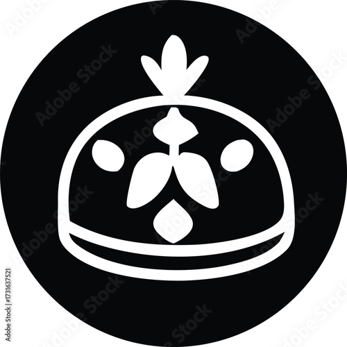 Symbolic emblem icon representing a stylized crown or royal headwear inside a solid circle graphic design