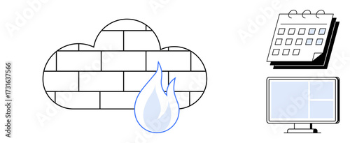 Cloud-shaped brick wall with flame icon symbolizes a firewall, paired with a calendar and monitor. Ideal for cybersecurity, data privacy, scheduling, remote work, IT systems, online protection