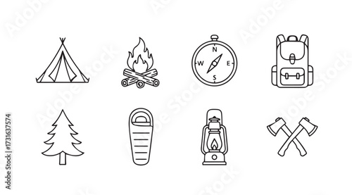 Collection of outdoor camping and adventure icons in a simple line drawing silhouette style