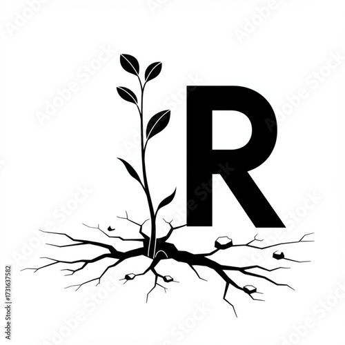 Growth and Sustainability Concept with Letter R and Plant Roots Vector Illustration