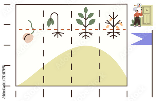 Plant growth stages from seed to decline on a graph, highlighting a lifecycle curve. Person analyzing data. Ideal for business strategy, science, education, nature, growth, lifecycle simple flat