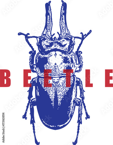 Rhinoceros Beetle Takeoff Sketch. Blue Insect Illustration, Wings Open. Red Text Graphic, Vintage Woodcut Style. High Contrast Entomology Art. Isolated on White.