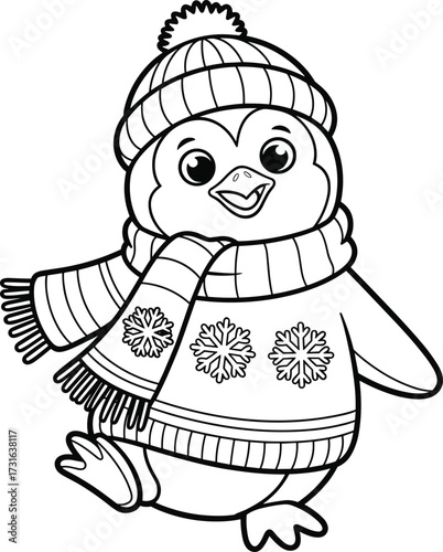Adorable Penguin Wearing Knitted Hat and Scarf Outline Drawing cartoon cute