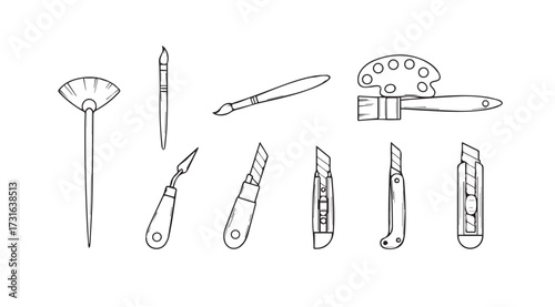 Bild auf Leinwand Collection of various crafting and cutting tools in a simple line drawing silhou