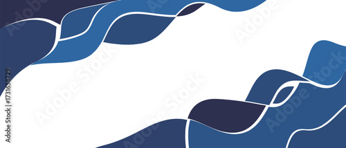 Blue Wavy Ribbon Frame Background  Abstract navy and blue ribbon waves create a clean white center for copy space