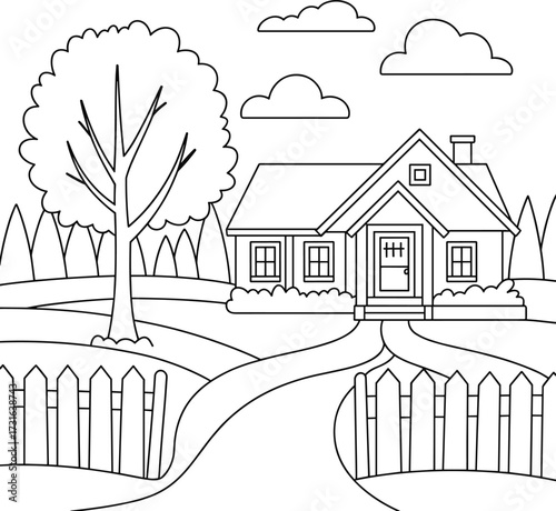 Black and white drawing of a house, tree, fence, and landscape Keywords: house, home, building