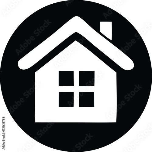 Simple white house icon within a black circle represents home real estate property residential building and shelter concept