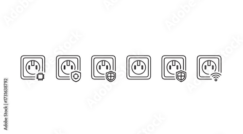 Row of electrical outlets with different icons representing smart home technology and connectivity silhouette
