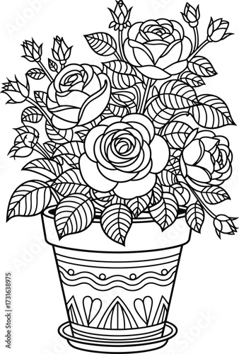 Black and white drawing of roses in a decorative pot with saucer Keywords: roses, flower, potted