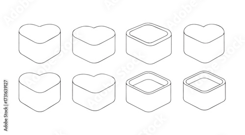 Collection of eight geometric and heart shaped gift boxes in a clean silhouette style