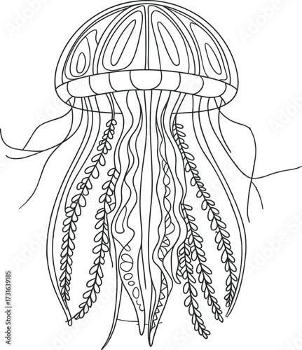 Black and white line drawing of a jellyfish with flowing tentacles sea creature marine life