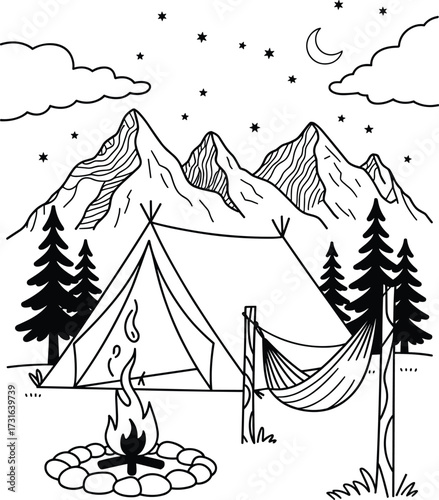 Camping scene with tent, campfire, hammock, mountains, and starry sky Keywords: camping, tent