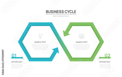 Business infographic chart template. Hexagon Loop process 2 steps options. presentation with icons Vector illustration.