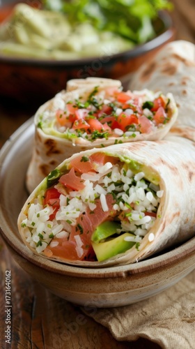 A cut sushi burrito showcases a vibrant cross-section of Japanese fish, bright avocado, and fluffy rice. A side of spicy salsa rests in a rustic dish under soft, natural light