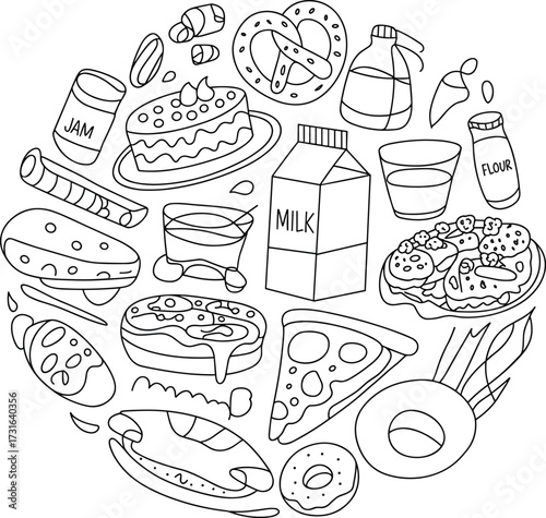 Circle of black and white food and drink doodles illustration drawing