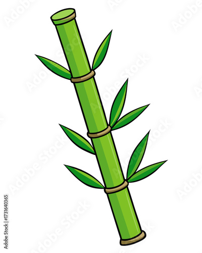 Green Bamboo Stalk with Leaves Detailed Line Art on White Background for Asian or Natural Design
