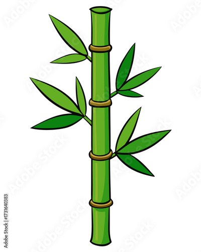 Green Bamboo Stalk with Leaves Detailed Line Art on White Background for Asian or Natural Design

