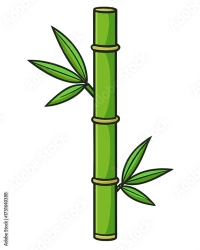 Green Bamboo Stalk with Leaves Detailed Line Art on White Background for Asian or Natural Design
