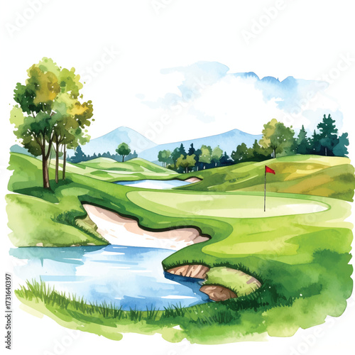 Golf Course Drawing Realistic Watercolor Illustration on White Background
