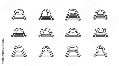 Collection of twelve simple line art icons representing rocks on mine carts silhouette