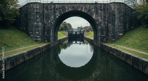 Stone arch bridge over calm waterway reflecting cloudy sky and lush greenery scenery
