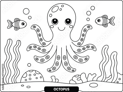 Cute cartoon octopus and fish underwater with seaweed and rocks Keywords: octopus, cartoon