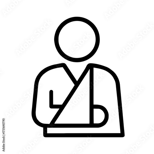 Black and white outline vector icon of an injured person with arm in sling. Ideal for medical, orthopedic, healthcare UI, infographics, signage, and educational materials related to trauma or recovery