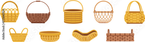 Collection of traditional wicker baskets, handmade bamboo basket designs, woven straw containers, rustic storage, kitchen utility, market shopping, natural household decor illustration, vector set.