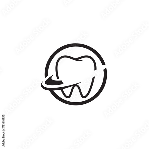 A modern, minimalist logo showcasing a stylized tooth in a protective circle with a dynamic swoosh, symbolizing professional dental care and oral health.