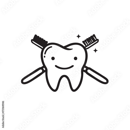 A cheerful cartoon tooth with sparkling clean appearance is playfully crossed by two toothbrushes, symbolizing excellent oral hygiene and dental care.