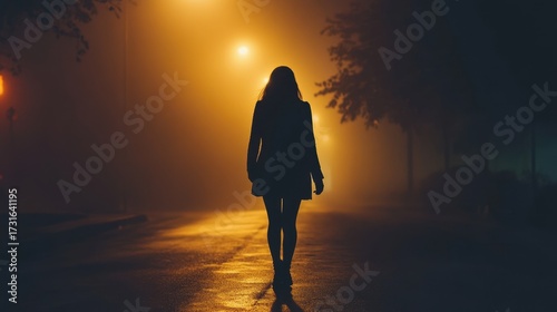 Silhouette of woman walking alone on empty street at night with fog orange lights and dark mysterious mood