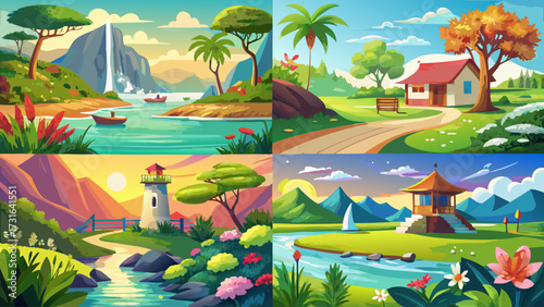 Watercolor Landscape Collection: Summer artwork captures serene scenery with vibrant hues, painted in soft brushstrokes, showing warm sunlight, green fields, blue skies, peaceful lakes, blooming trees