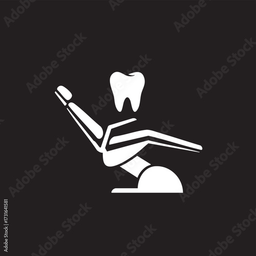 A minimalist white graphic icon depicts a modern dental chair alongside a healthy tooth symbol, representing professional oral healthcare and dentistry services.