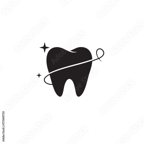 A sleek black silhouette of a healthy tooth, expertly cleaned with dental floss, radiates sparkling freshness, symbolizing optimal oral hygiene and professional dental care.