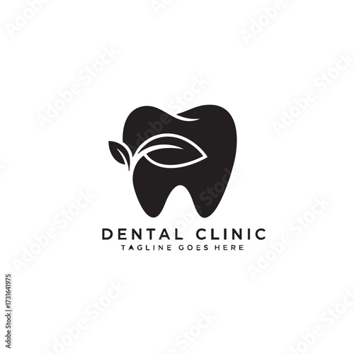 A clean, modern black and white logo design features a healthy tooth with an integrated leaf, symbolizing natural, organic, and eco-friendly dental care.