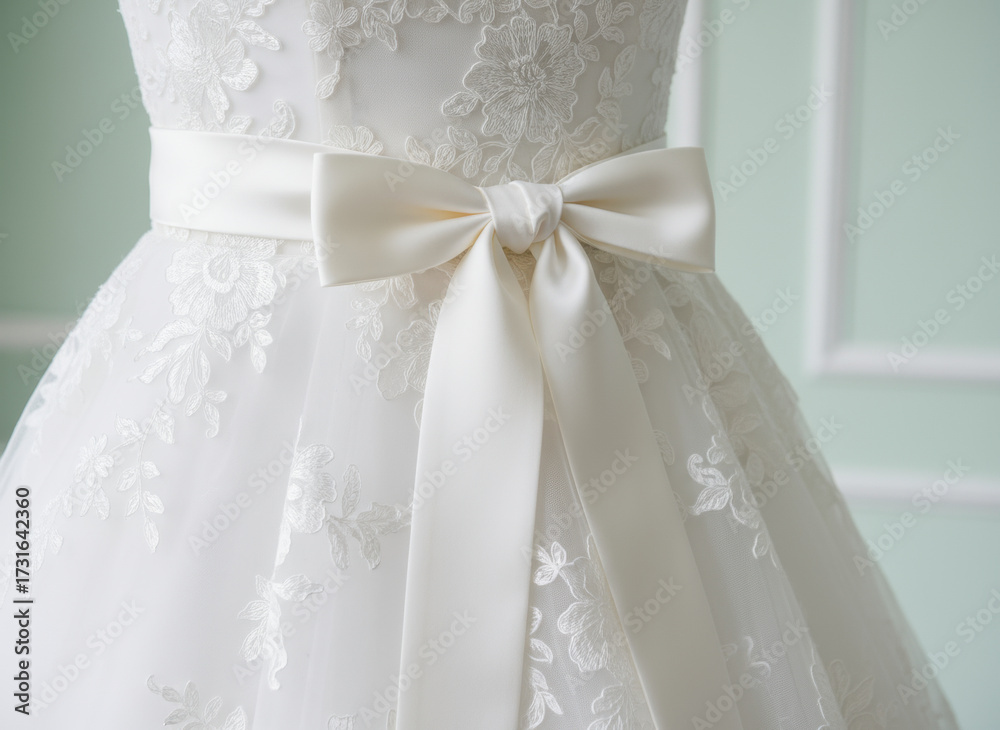 Fototapeta premium Close up of elegant white lace bridal gown with satin ribbon bow and intricate floral embroidery details for wedding fashion