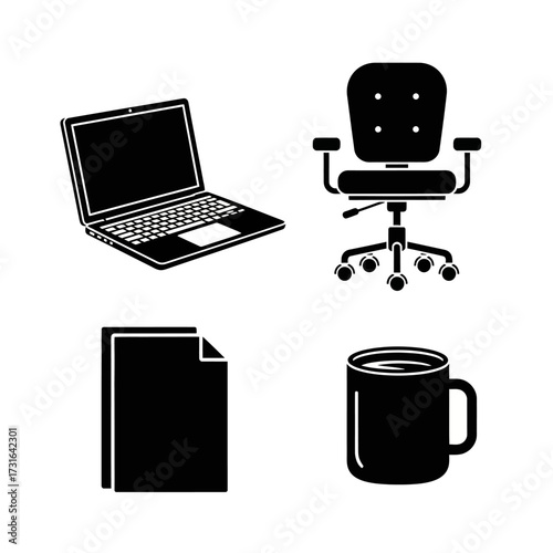 Modern office and remote work essentials collection for a productive workspace setup. Includes laptop, chair, documents, and coffee mug