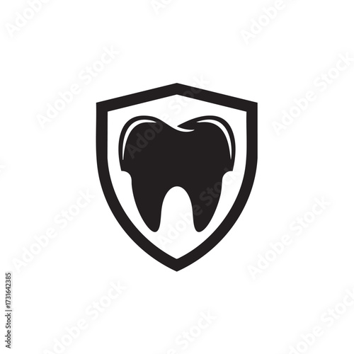 This minimalist black and white icon depicts a healthy tooth securely enclosed within a protective shield, symbolizing robust dental care and oral hygiene.