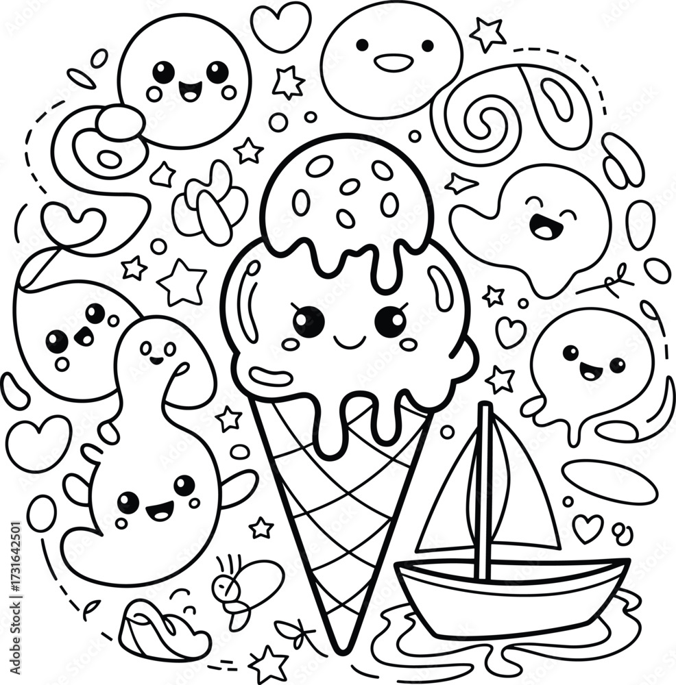 Fototapeta premium Kawaii Ice Cream Cone with Ghosts, Boat, and Stars Outline Art cute