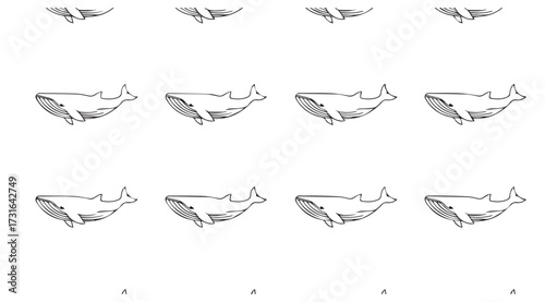 Seamless pattern of humpback whale silhouettes in a minimalist line drawing style