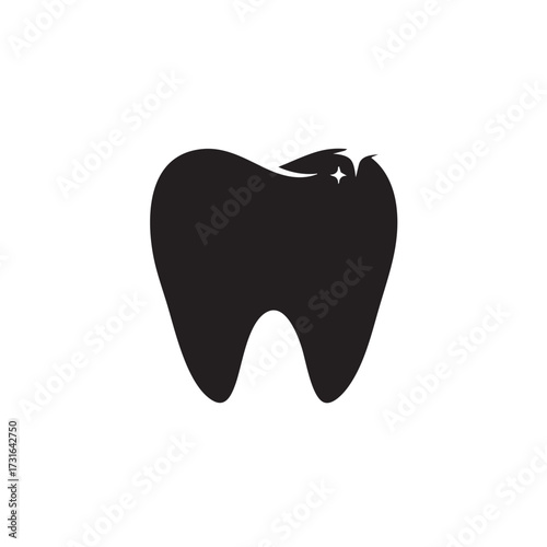 A sleek, minimalist black silhouette of a healthy human tooth with a subtle sparkle, symbolizing pristine dental hygiene and professional oral care services.