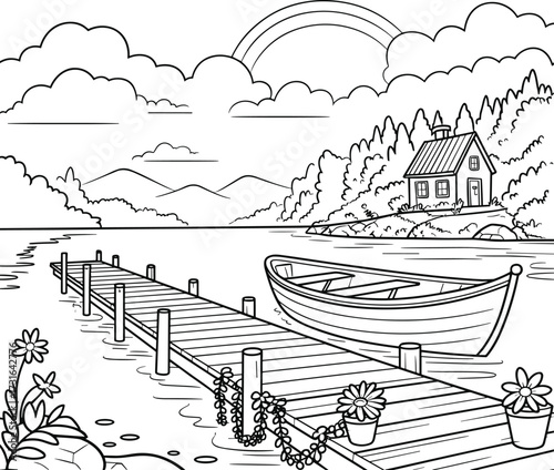 Lakeside scene with wooden pier, boat, and rainbow over mountains water dock