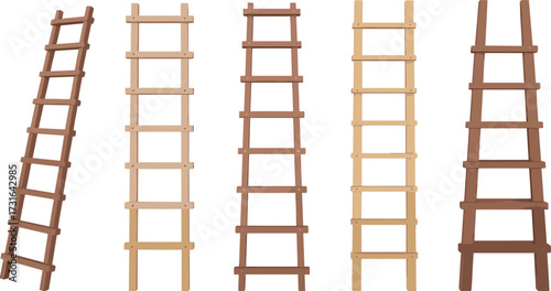  Five wooden ladders in row showing varied designs and heights, leaning and straight profiles, different rung counts and finishes, vector illustration for design