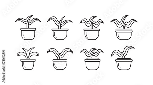 Collection of eight potted houseplant silhouettes in a simple line art style silhouette