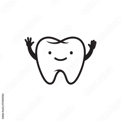 A cheerful cartoon tooth character with a friendly smile and raised arms symbolizes good oral hygiene and happy dental care.