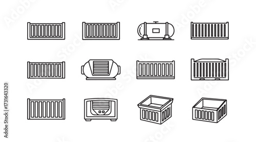 Collection of shipping container icons in a simple silhouette style